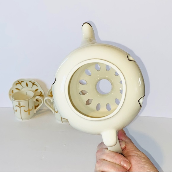 Partylite Tea for Two 5pc Votive Candle Holders Teapot Cups Saucers Ivory & Gold - Picture 5 of 15